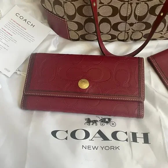 Vtg Coach Signature Tote 11353 4 Pc Set | Red Leather Trim Bag, Pink, Mint - Picture 4 of 10